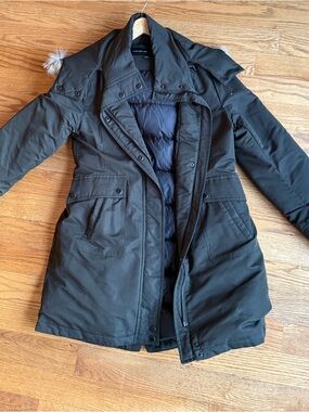 Women’s Dark Green Parka Jacket with Faux Fur Trim